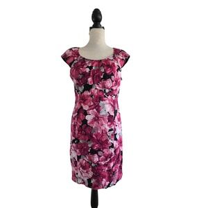 Jones New York Signature Pink Floral Stretch Cotton Sheath Dress Size 10 Cap Slv